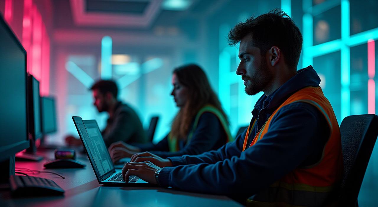 Modern diverse specialist team collaborating in a futuristic digital environment